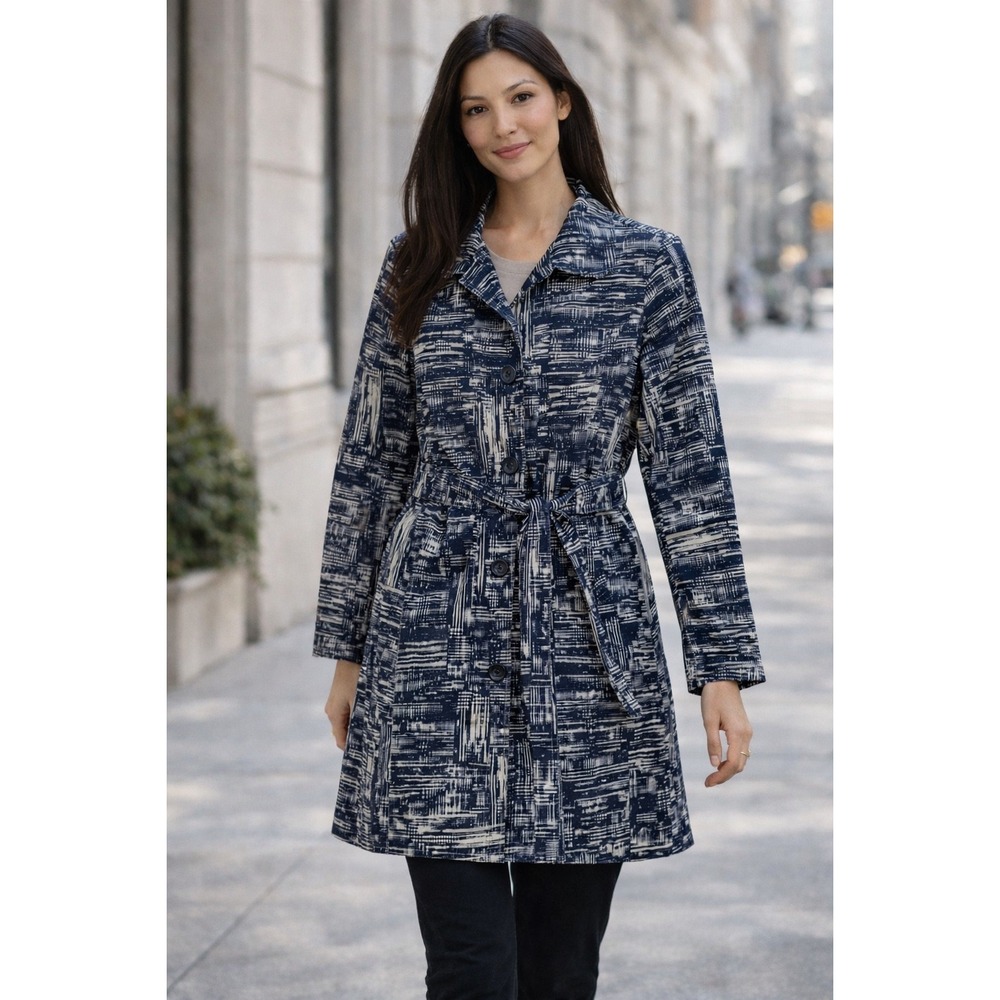 Coldwater Creek Navy and White Patterned Trench Coat